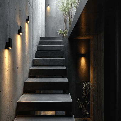Transitional Straight Staircase Design of Metal and Concrete