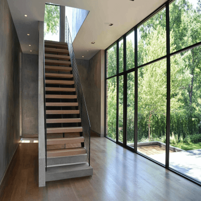 Contemporary Wood, Concrete, and Metal Straight Staircase Design