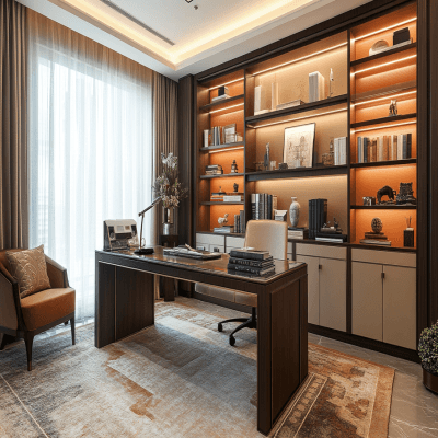 Modern Sand Satin-Toned Study Room Design with Tall Storage Unit and Open Shelves