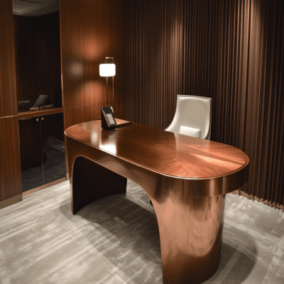 Modern Walnut Bronze and Frosty White Study Room Design with Wide Fluted Wall Backdrop