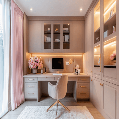 Modern Tan and Rose Pink Study Room Design with Tall Storage Units