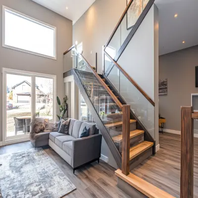 Modern Straight Staircase Design with Wood and Glass
