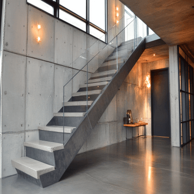 Modern L-Shaped Half-Pace Staircase Design in Concrete and Metal