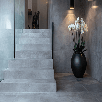 Contemporary Straight Staircase Design with Tile and Concrete