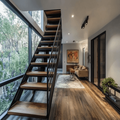 Contemporary U-shaped staircase Design in Steel and Wood