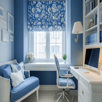 Contemporary Blue and White Study Room Design in High-Gloss Finish