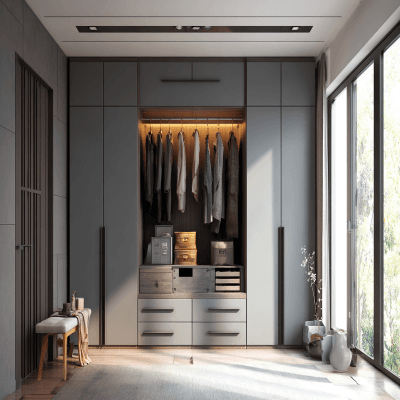 Slate Grey Modern Swing Wardrobe Design with Drawers and Long Handles