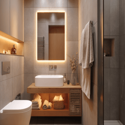Small Bathroom Idea With A Square Mirror And LED Lighting