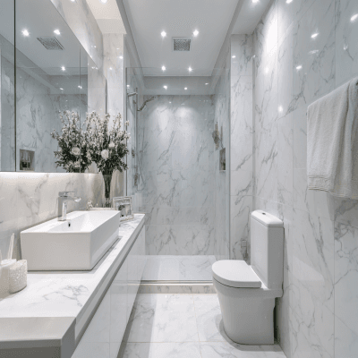 Small Bathroom Idea With A White Marble Laminate Finish