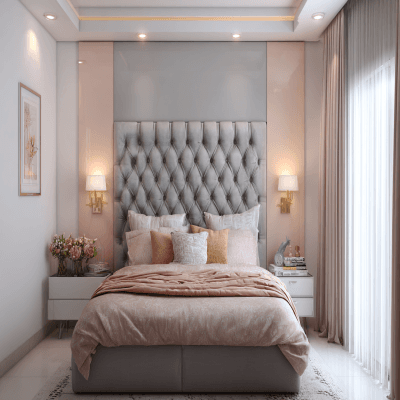 Small Grey and Peach Wall Colour Combination for Bedroom with Tufted Headboard and Wall Lamps