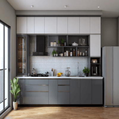 Sophisticated Grey and White Wall Colour Combination for Kitchen with Flat Cabinets and Hidden Storage
