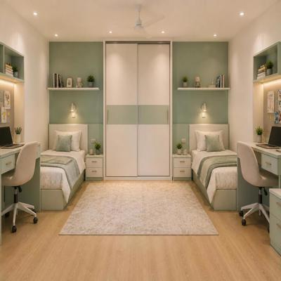 Space Saving Kids Bedroom Design With Twin Beds and Central Wardrobe