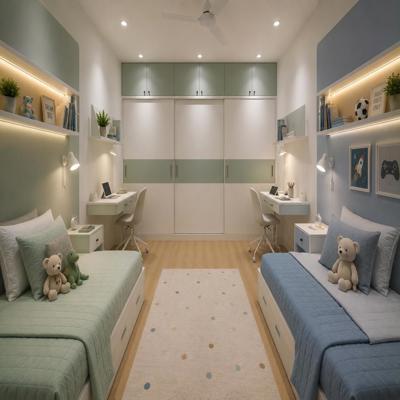 Space Saving Kids Bedroom Design with Twin Beds and Wardrobe