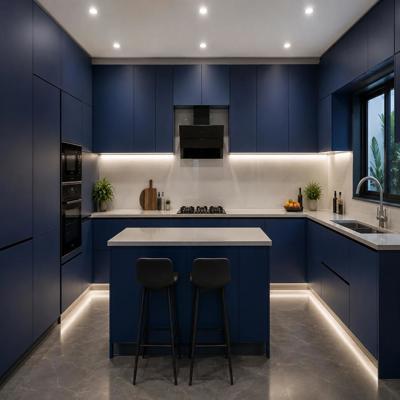 Spacious Blue Modular Kitchen Design With Integrated Appliances