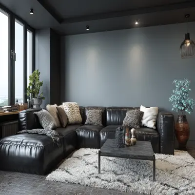 Spacious Grey and Black Wall Colour Combination for Living Room with Leather Sectional and Iron Coffee Table