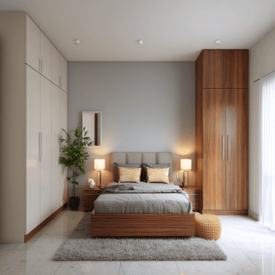 Spacious Light Grey and White Wall Colour Combination for Bedroom with Low Bed Frame and Wooden Wardrobe