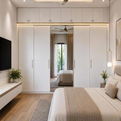 Straight Sliding Door Wardrobe Design with Loft Storage and Long Mirror