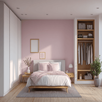 Stylish Pastel Pink and White Wall Colour Combination for Bedroom with Wooden Nightstand and Open Wardrobe