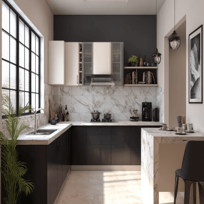 Subtle Black and White Wall Colour Combination for Kitchen with Marble Countertop and Modular Cabinets