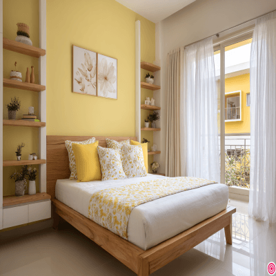 Subtle White and Yellow Wall Colour Combination for Bedroom with Wooden Bed Frame and Open Shelf