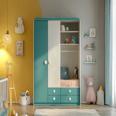 Teal And White Swing Wardrobe Design With Open Shelf Storage
