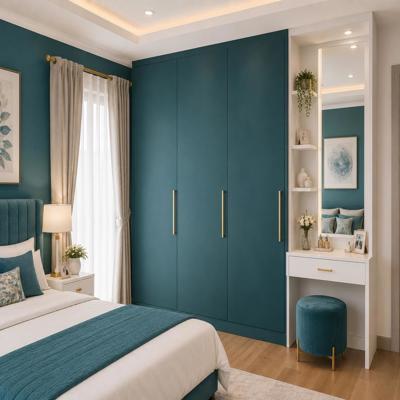 Teal Blue Modern Wardrobe Design With A White Dresser On The Side