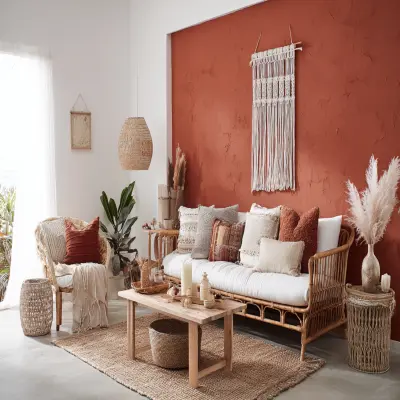 Timeless White and Terracotta Wall Colour Combination for Living Room with Rattan Sofa and Macrame Wall Hanging