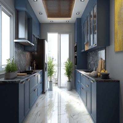 Traditional Parallel Kitchen Design in Denim Suedette With Matte Membrane Finish