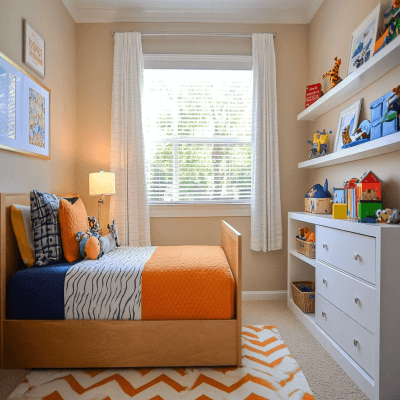 Transitional Boys Room Design With Wooden Bed And Glossy White Storage Unit