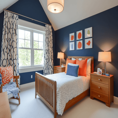 Transitional Kids Room Design With Wooden Furniture and Blue Accent Wall