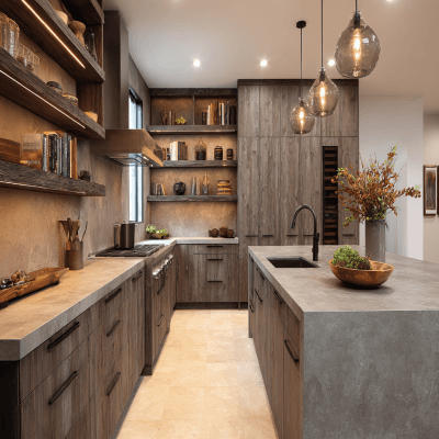 Transitional L-Shaped Kitchen Design with Autumn Leaf and Concrete Finishes