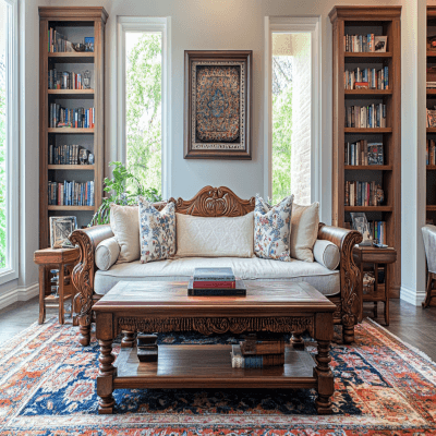 Transitional Living Room Design with Regal Wooden Sofa