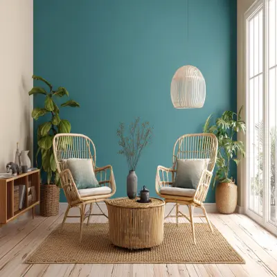 Trendy Teal and Beige Wall Colour Combination for Living Room with Rattan Chairs and Jute Rug