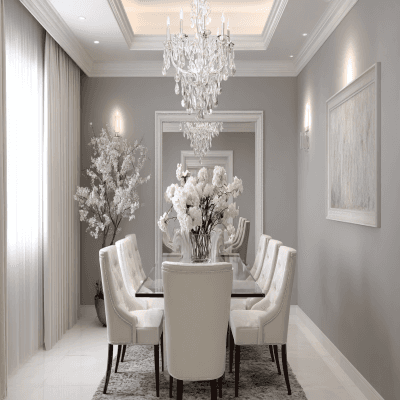 Trendy White and Grey Wall Colour Combination for Dining Room with Crystal Chandelier and Glass Table