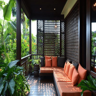 Tropical Balcony Design with Lattice Screens and Cushion Seating