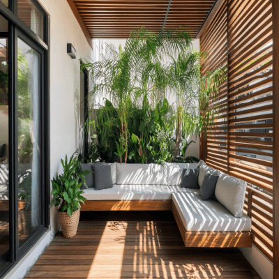 Tropical Balcony Design with Wooden Slats, L-Shaped Bench and Greenery