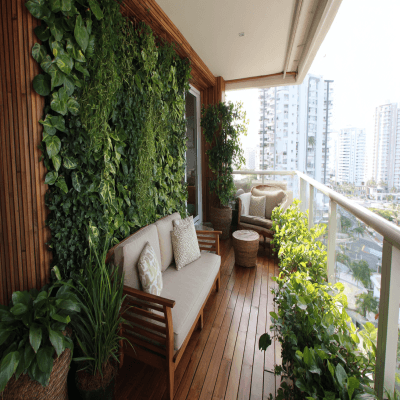 Tropical Balcony Design with Wooden Vertical Wall Planter