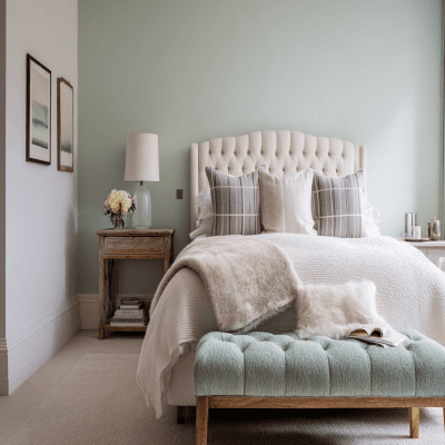 Tropical Mint and Grey Wall Colour Combination for Bedroom with Upholstered Bench and Bedside Table