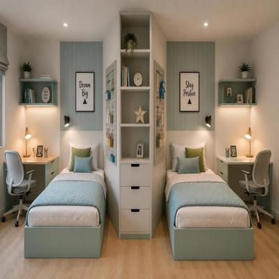 Twin Bed Kids Bedroom Design With Central Storage Unit