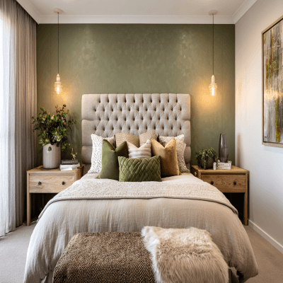 Unique Olive Green and Beige Wall Colour Combination for Bedroom with Tufted Bed and Accent Lamps