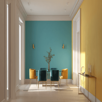 Vibrant Teal and Gold Wall Colour Combination for Dining Room with Velvet Chairs and Glass Console Table