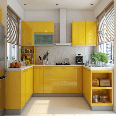 Vibrant Yellow Modern L-Shaped Kitchen Design with Quartz Countertop