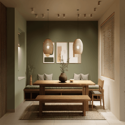 Warm Olive Green and Beige Wall Colour Combination for Dining Room with Wooden Bench and Pendant Lighting