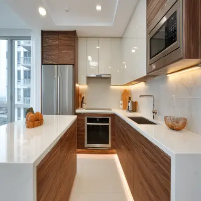 White and Walnut Contemporary L-Shaped Kitchen Design With High Gloss Cabinets