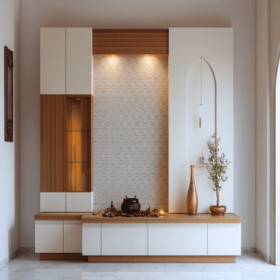 White And Wooden Contemporary Pooja Room Design