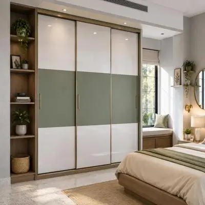 White Green Sliding Wardrobe With Modern Touch