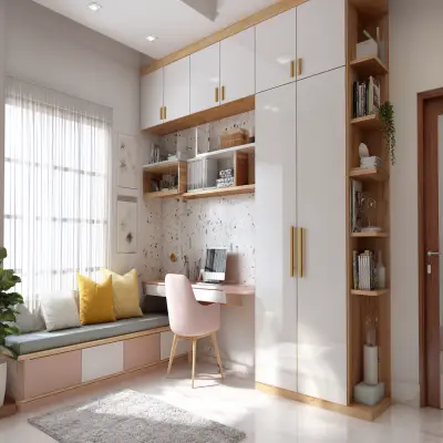 White Modern 2-Door Swing Wardrobe Design with Integrated Study Table