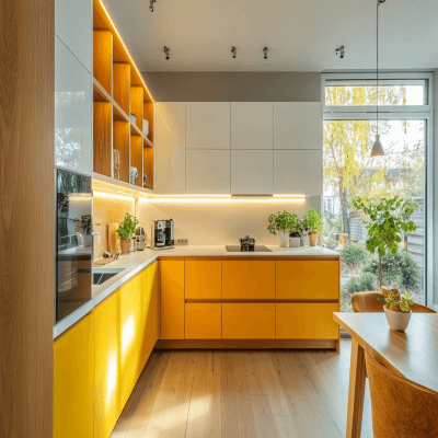 Yellow and White Contemporary L-Shaped Kitchen Design With Wooden Flooring